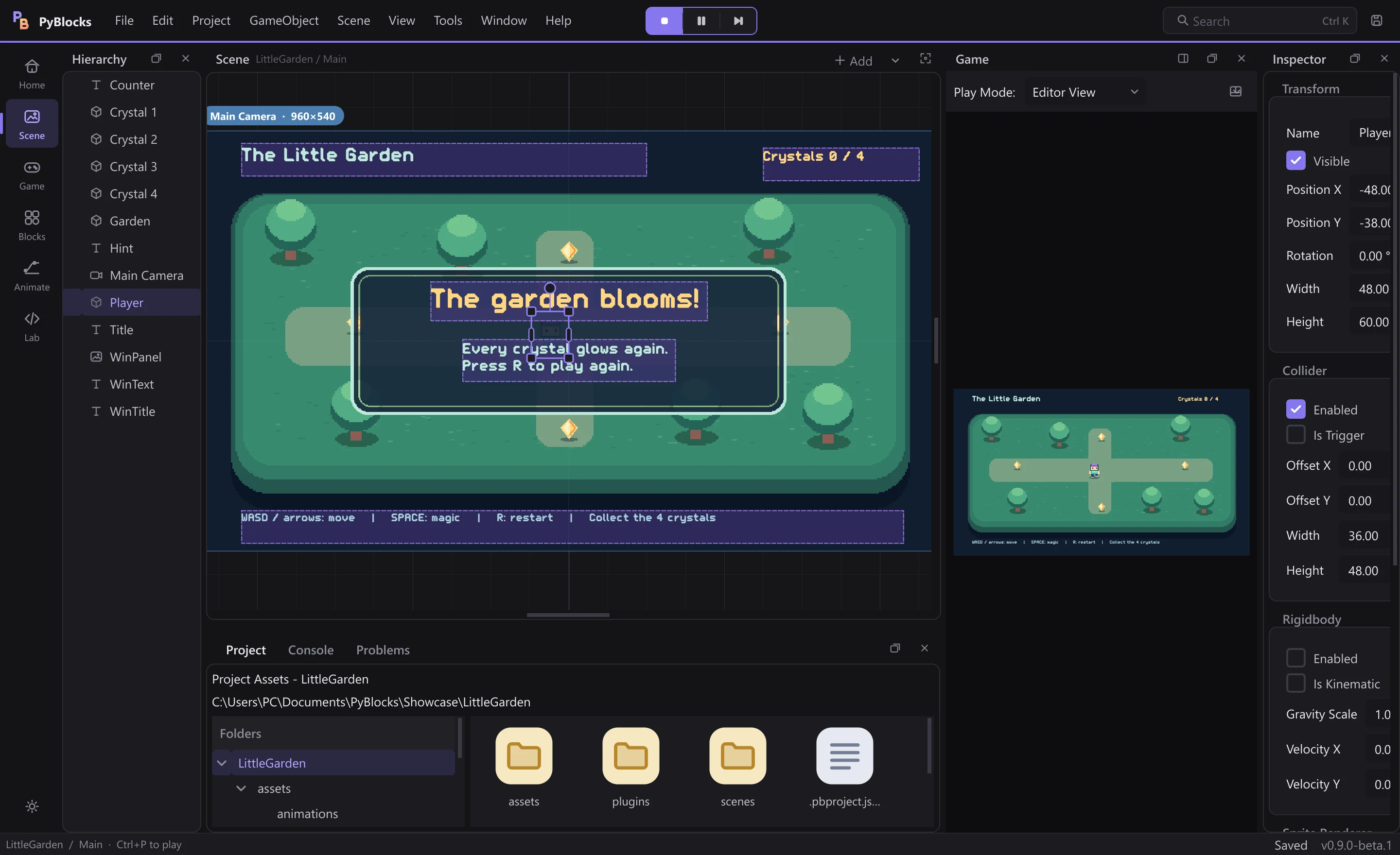 The Little Garden running with the Game view docked on the right.