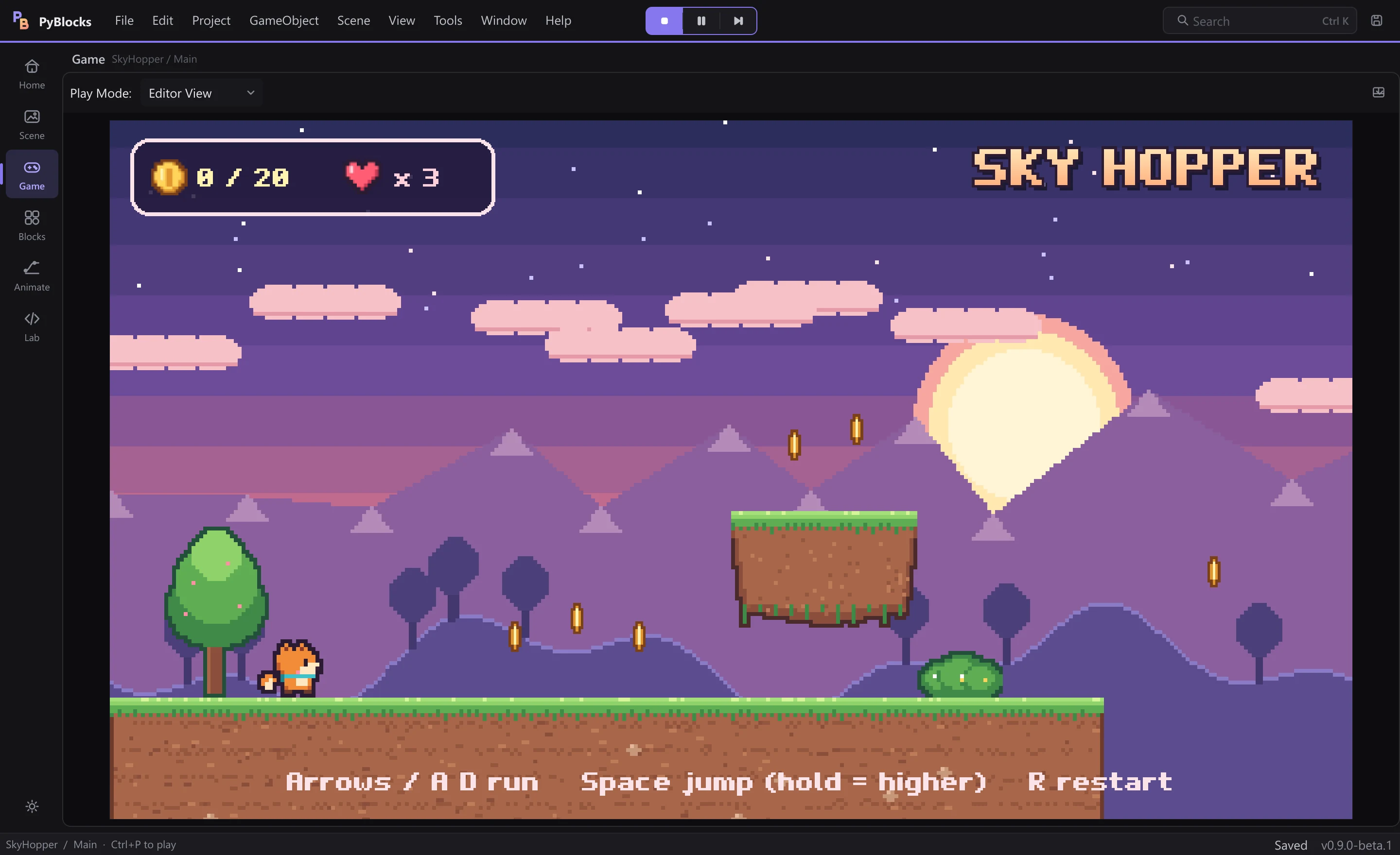 The game running inside the editor.